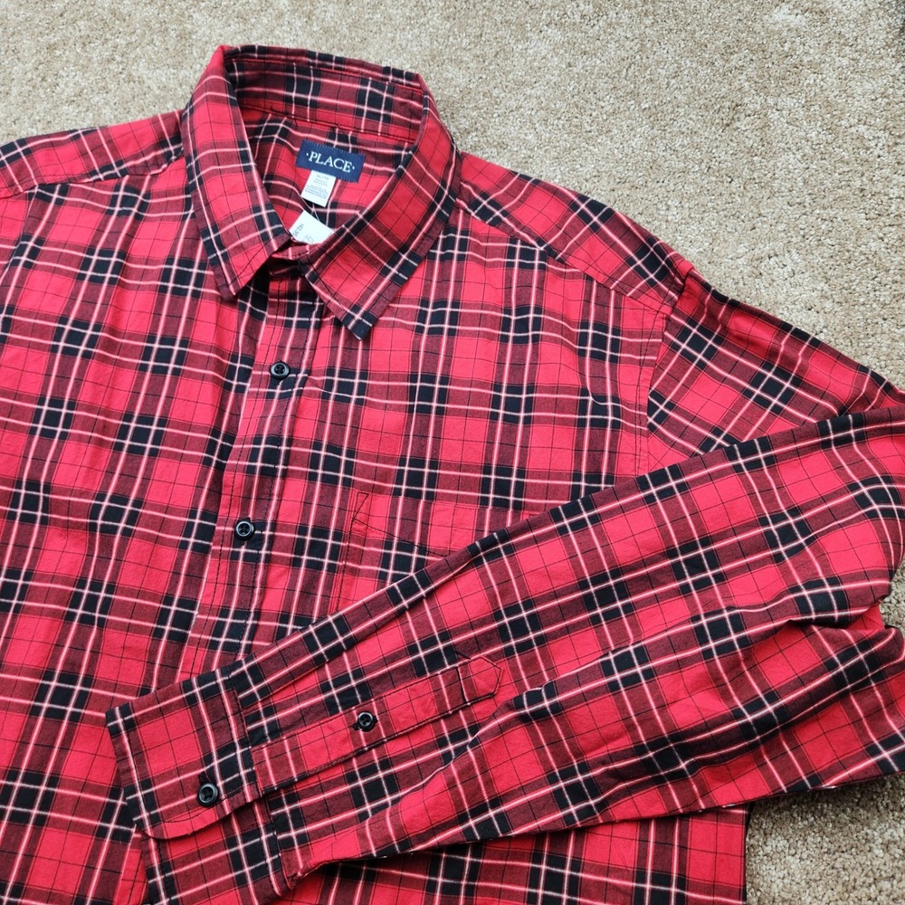 The Childrens Place Mens XL Red Black Plaid Button Down Long Sleeve Cotton Shirt